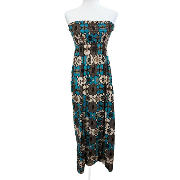 Womens Brown Blue Flowered Smocked Sleeveless Maxi Dress Y2K Small - Picture 1 of 8
